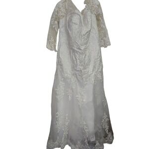 Vintage Inspired Womens‎ Wedding Dress Lace Long Sleeve Sheer Train Pearl Bridal